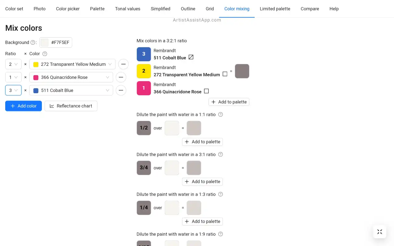 ArtistAssistApp: mixing specific colors of specific brands in any proportions