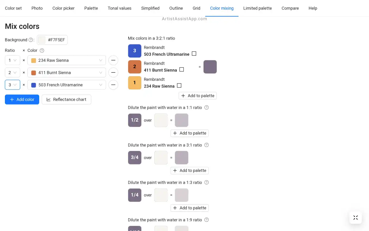 ArtistAssistApp: mixing specific colors of specific brands in any proportions