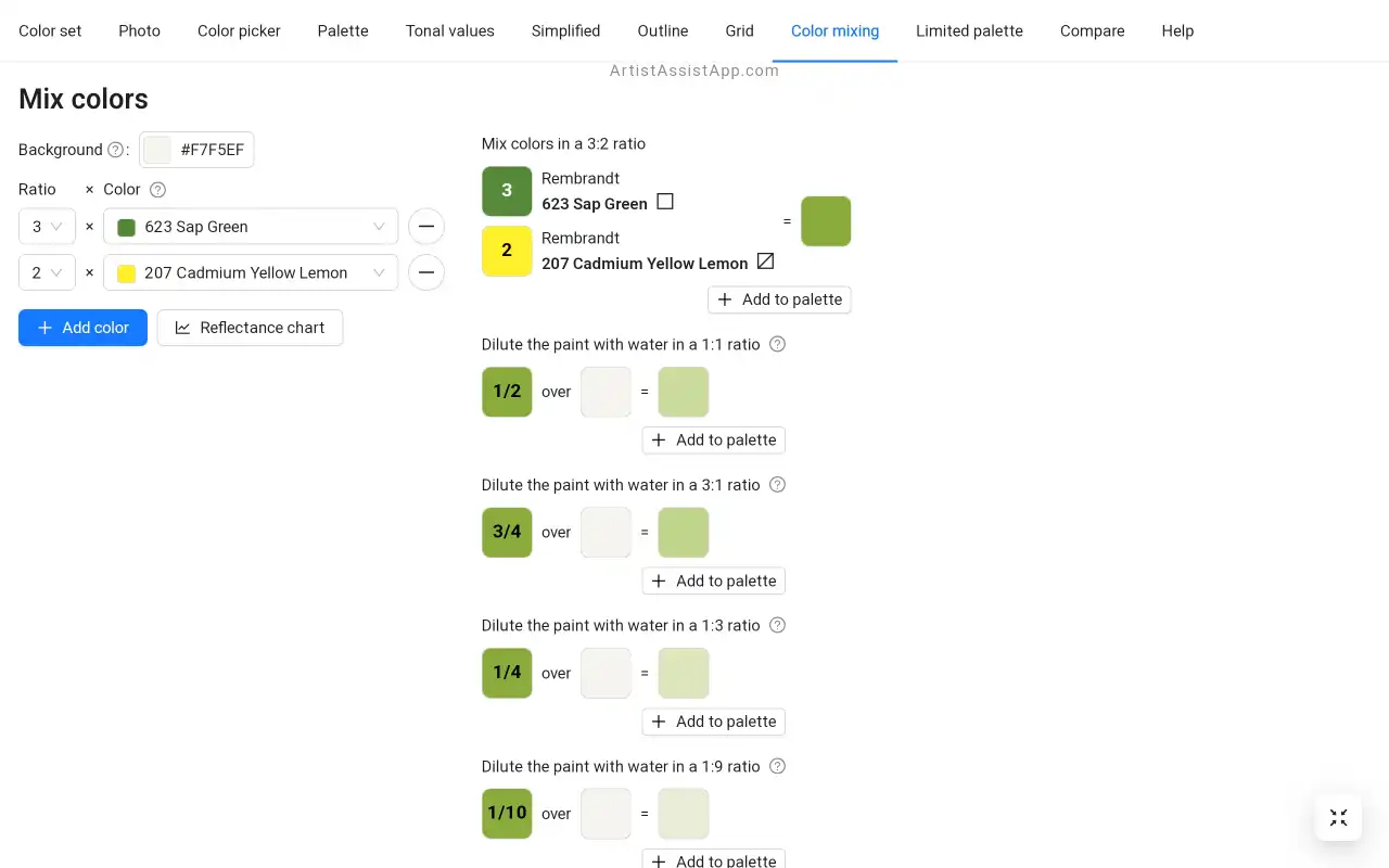 ArtistAssistApp: mixing specific colors of specific brands in any proportions