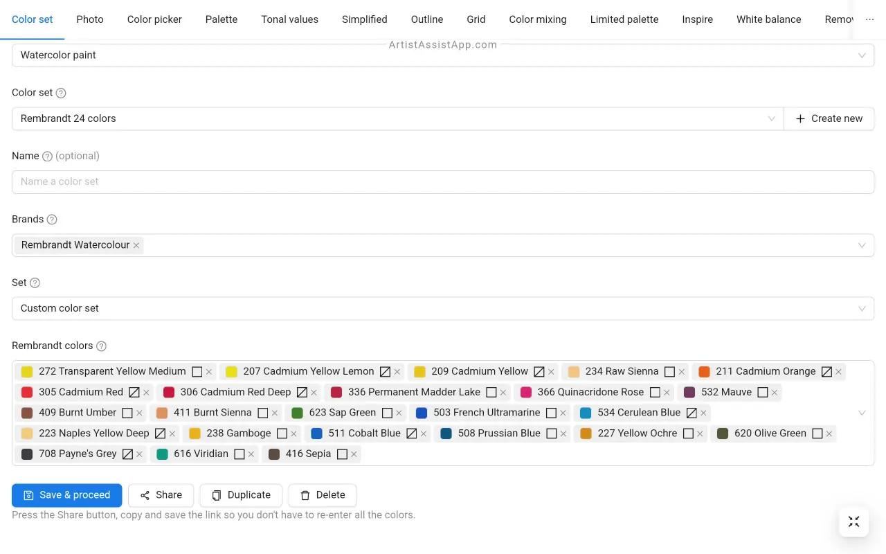 Creating a color set in ArtistAssistApp