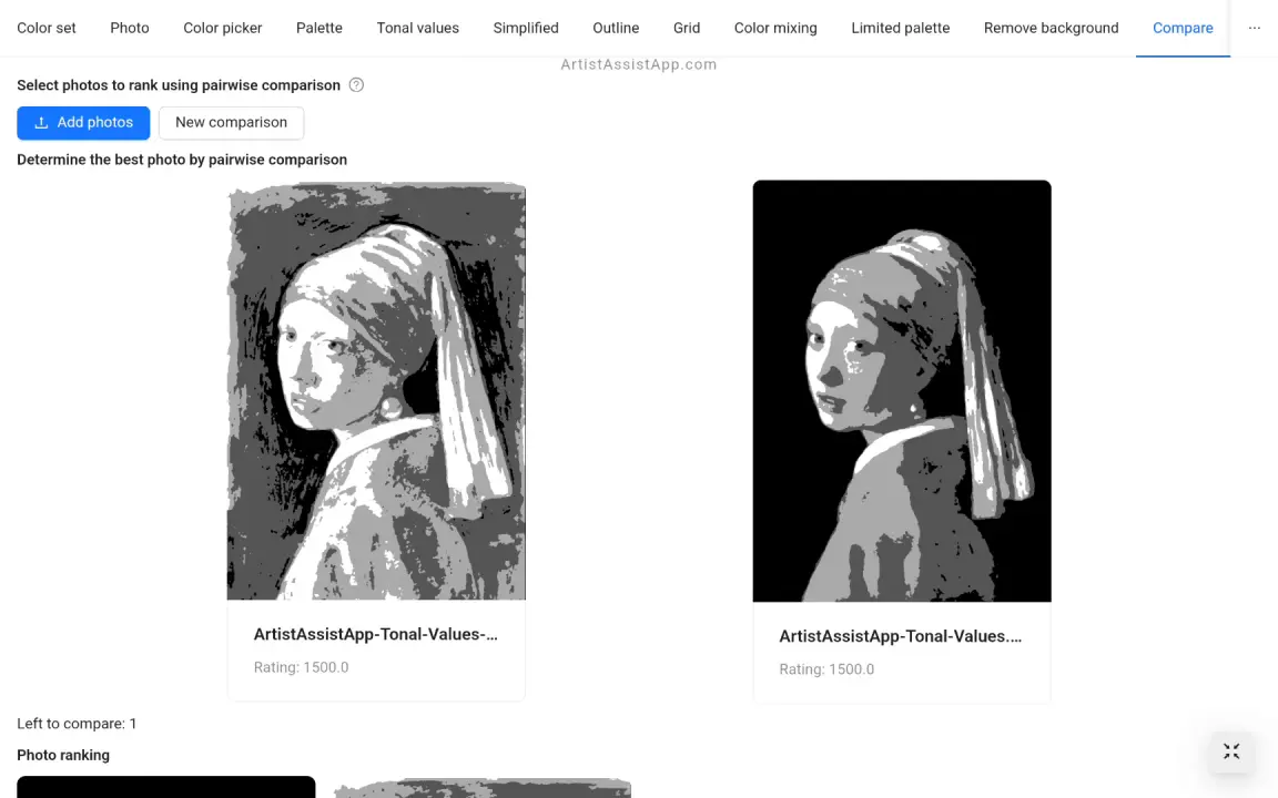Comparing tonal values of a painting and a reference photo in ArtistAssistApp