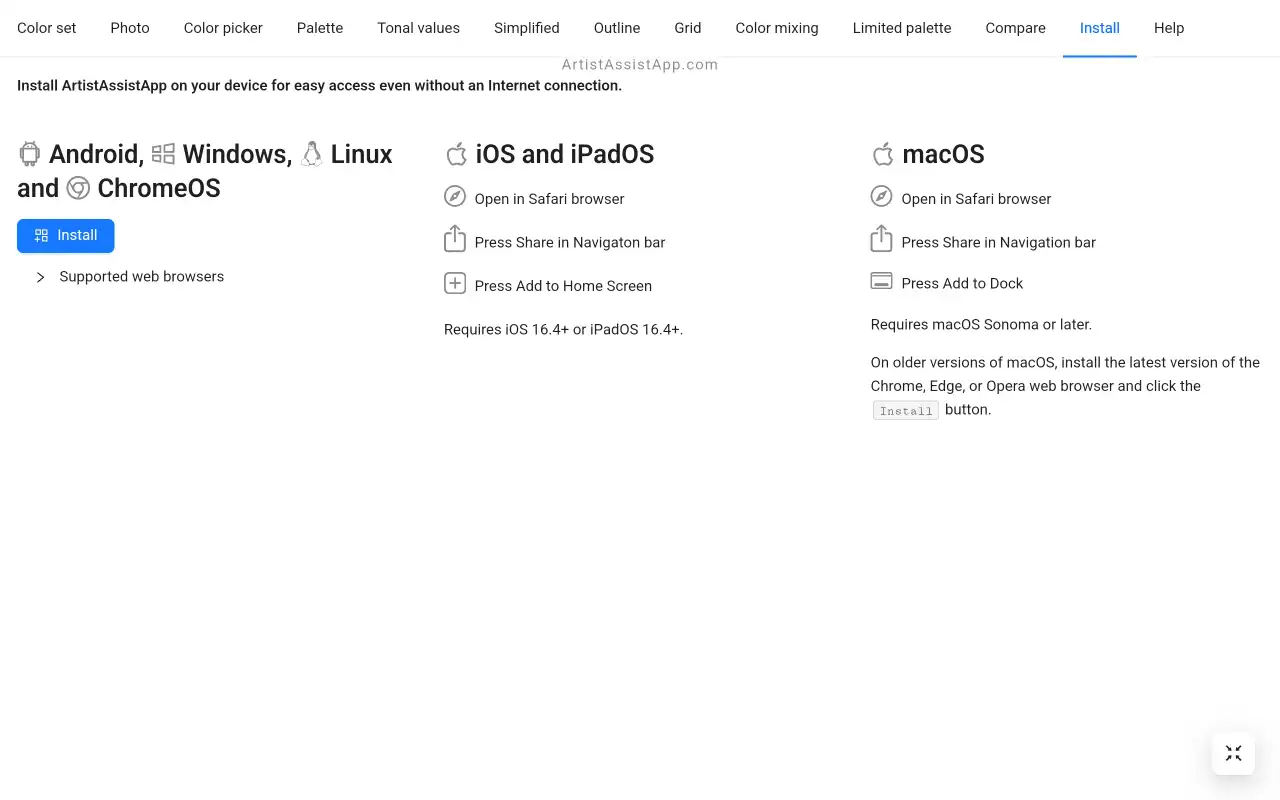 ArtistAssistApp: installation on any device and OS