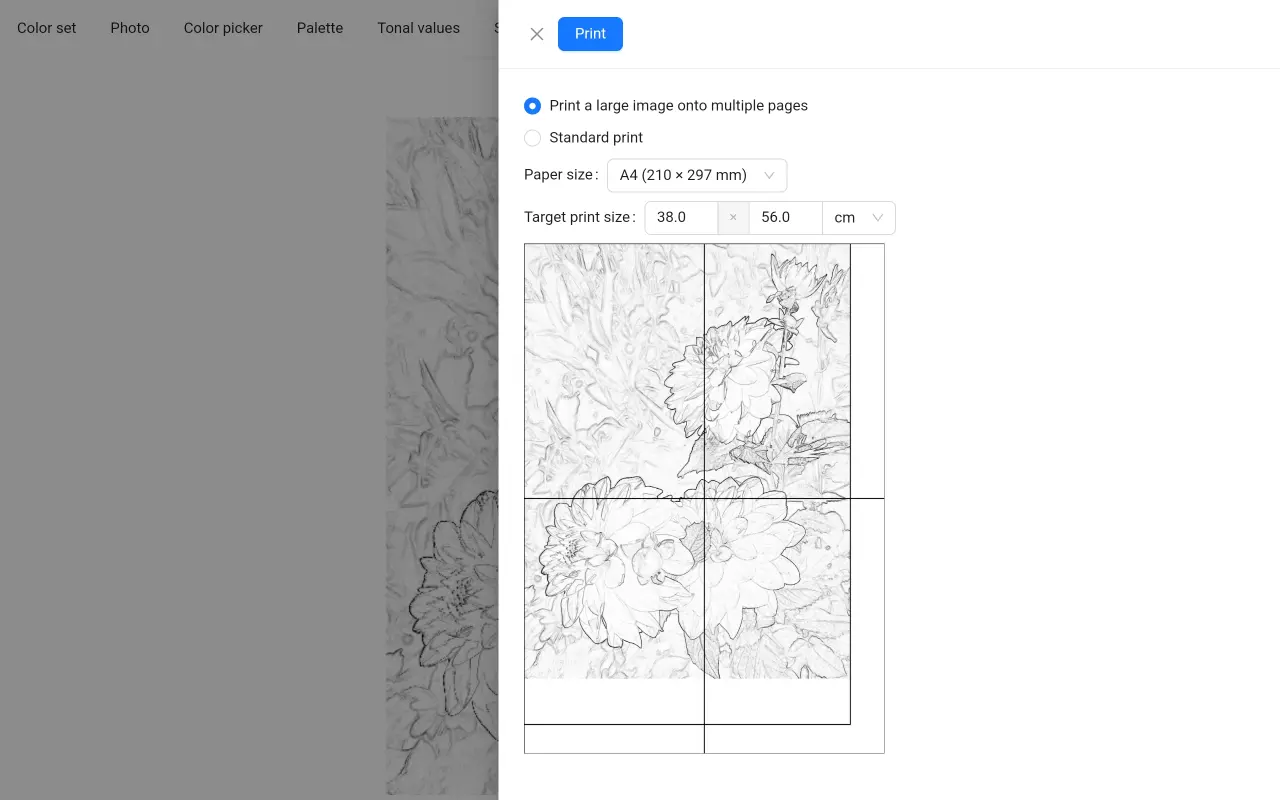 Printing a large image on multiple pages using home printer using ArtistAssistApp