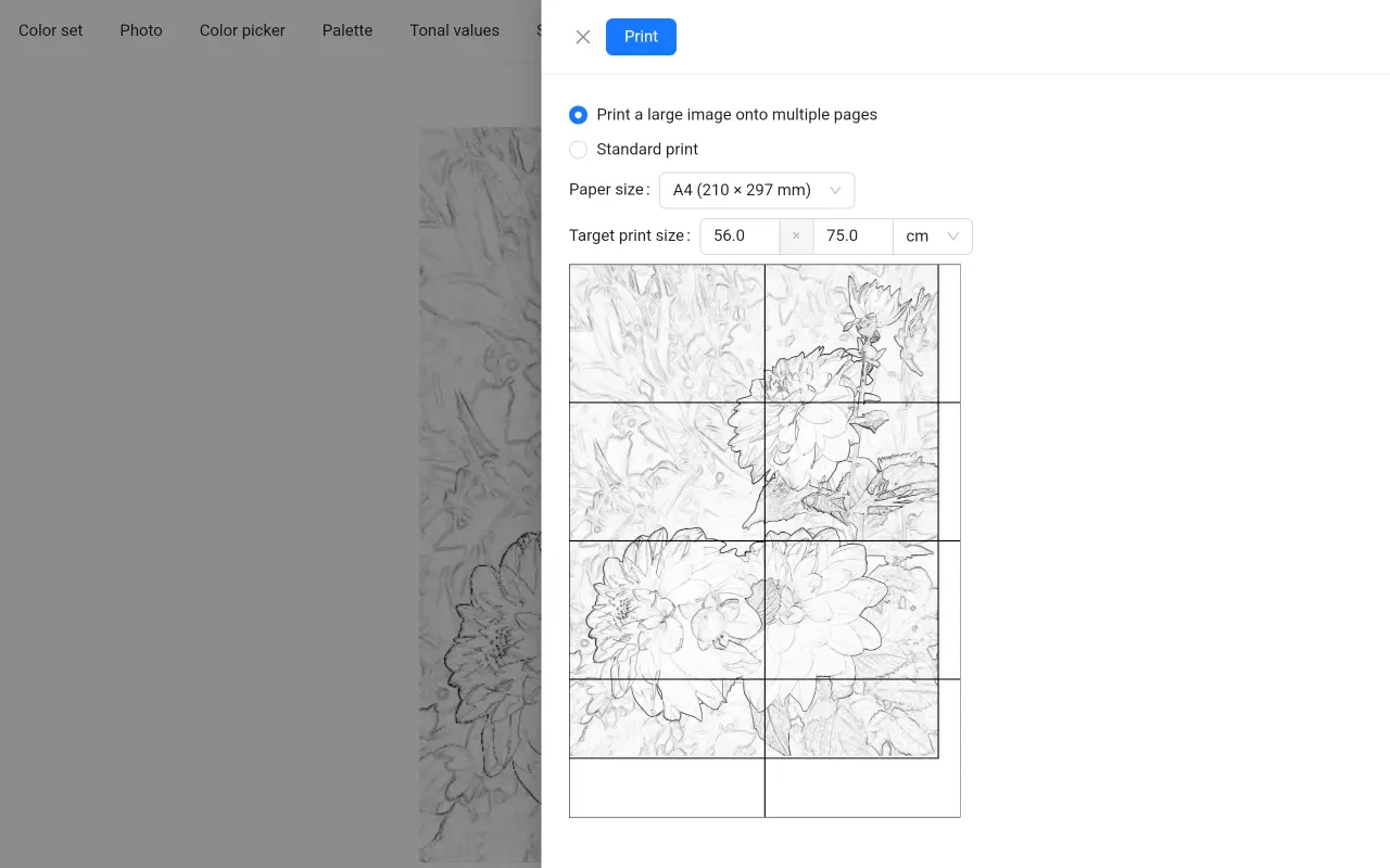 Printing a large image on multiple pages using home printer using ArtistAssistApp