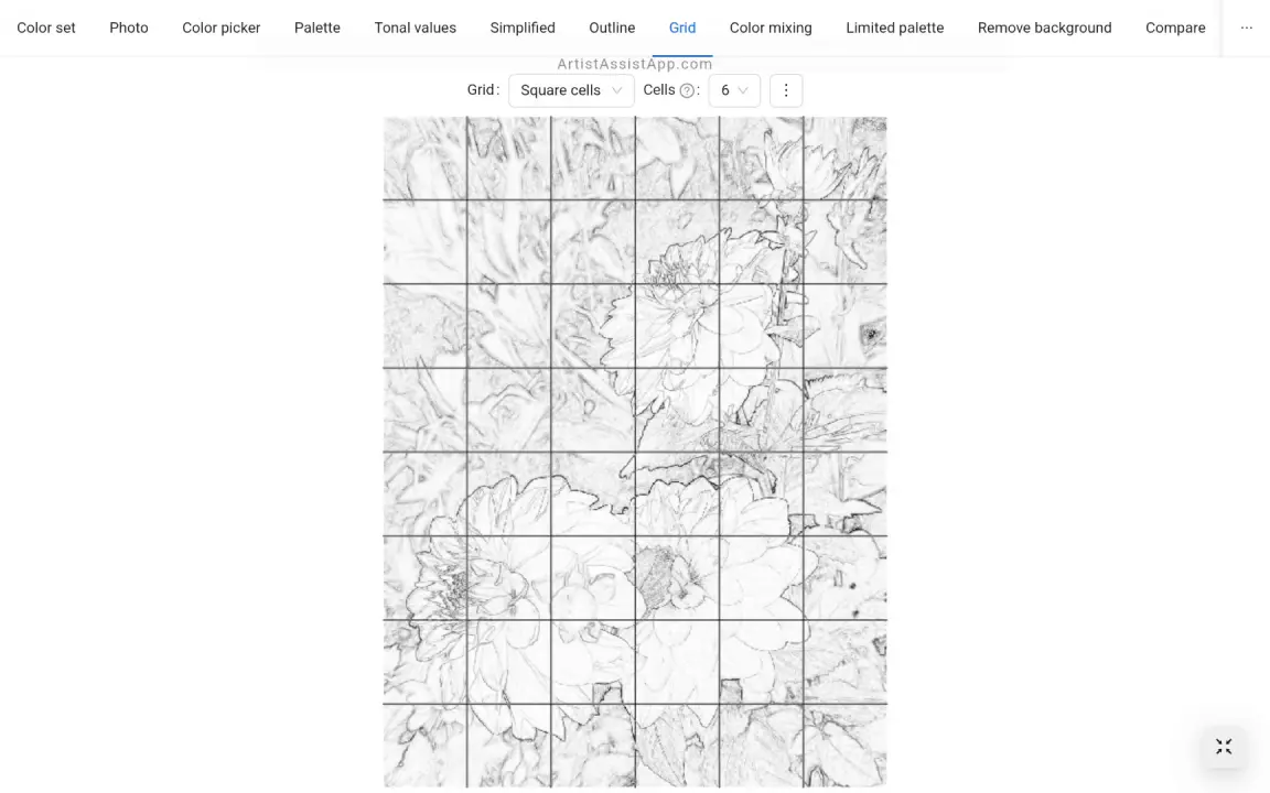 Converting a photo into an outline and drawing a grid over it in ArtistAssistApp
