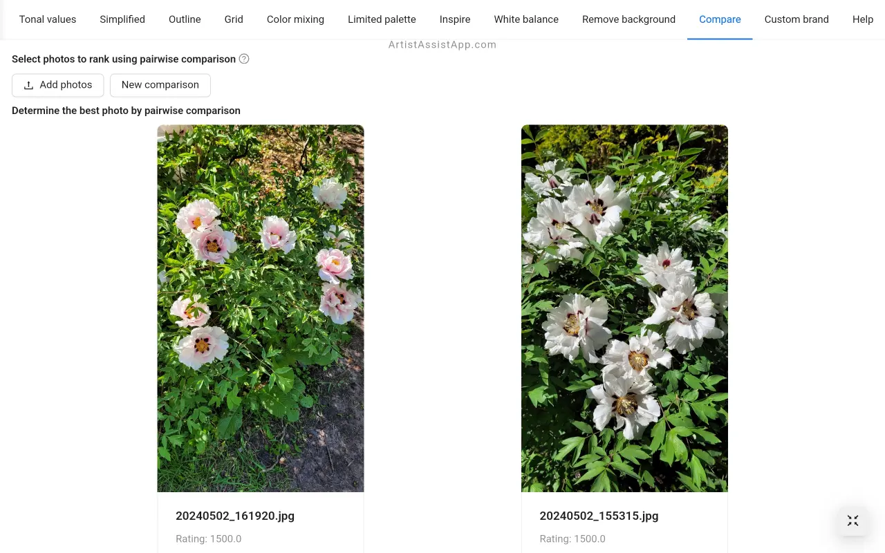 Comparing photos pairwise in ArtistAssistApp