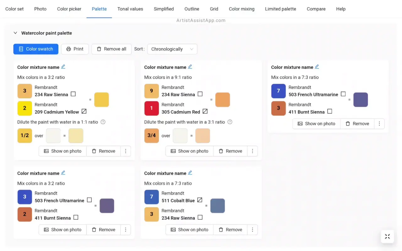 Storing favorite color mixtures in the ArtistAssistApp palette