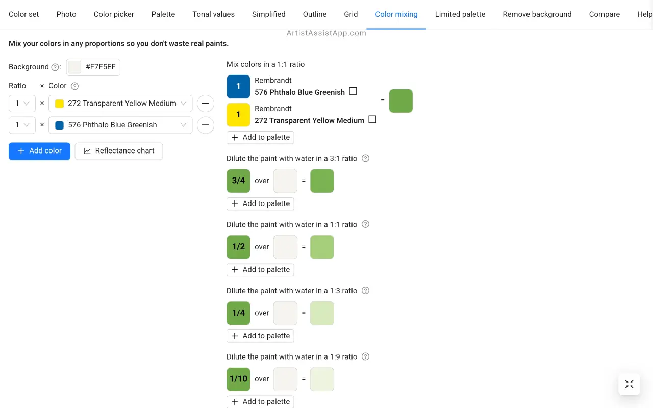 Mixing green color in ArtistAssistApp