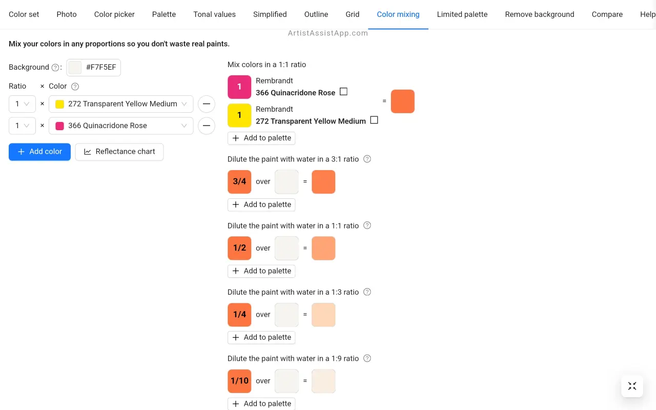 Mixing orange color in ArtistAssistApp